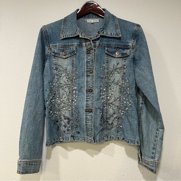 Mango Denim Embellished Jean Jacket Button Up Embroidered Size Medium Vintage - Picture 1 of 12